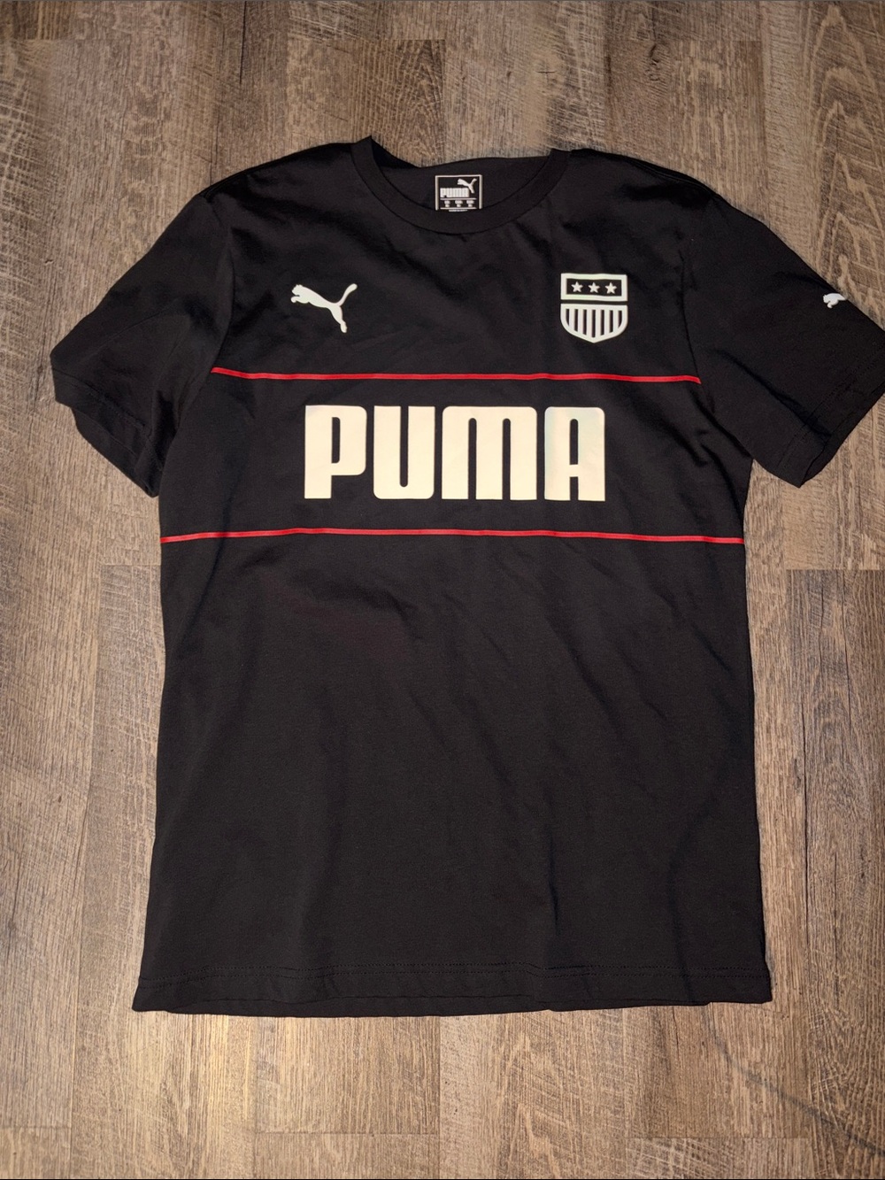 Puma Black Tee with White Logo and Red Stripe Accents